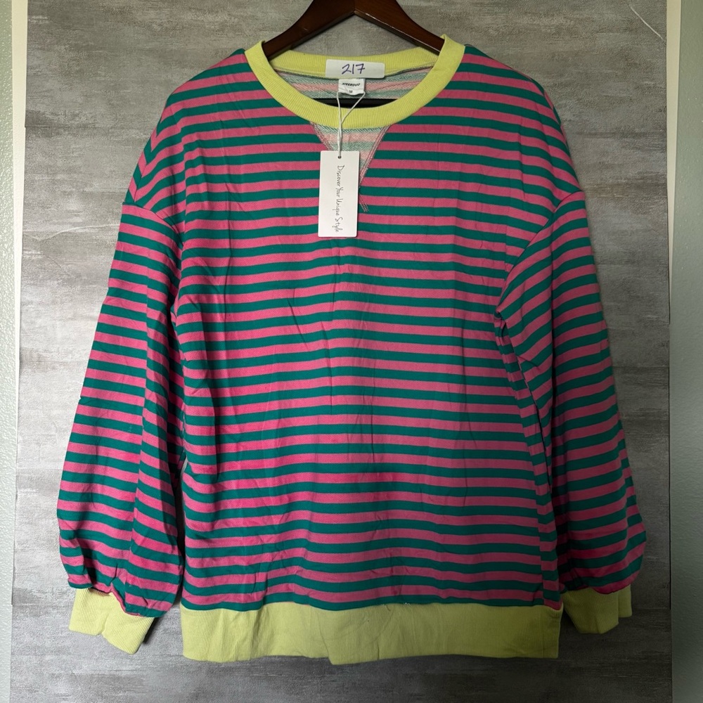 New Striped pink and blue Crew Neck Long Sleeve Top with Blue Accents Size M
